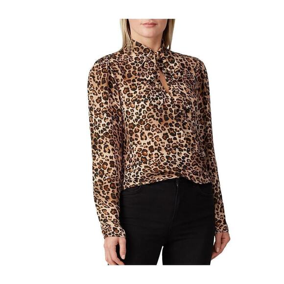 Nicholas Top Leopard Animal Print 100% Silk Tie Neck Long Sleeve Blouse Brown 2 - Picture 1 of 9